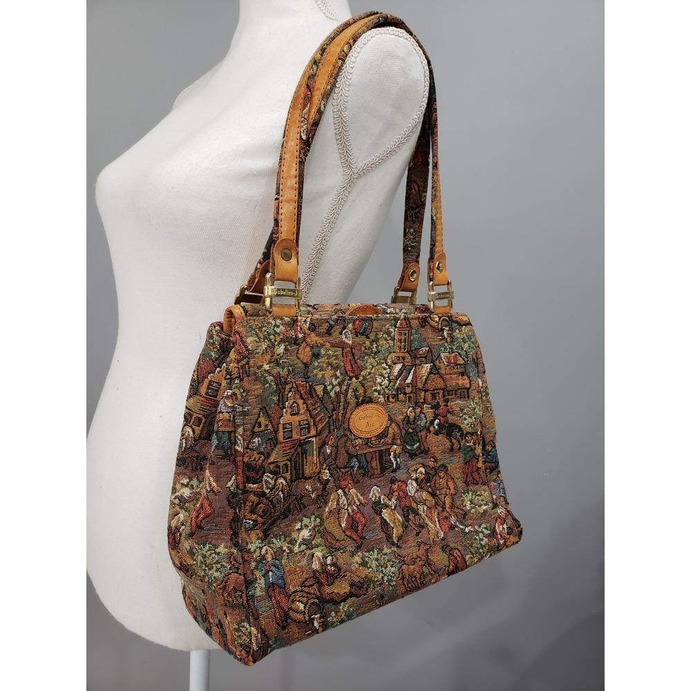 Gobelins Art Vintage Tapestry Satchel Bag Scenic Village Shoulder Bag Purse 90s